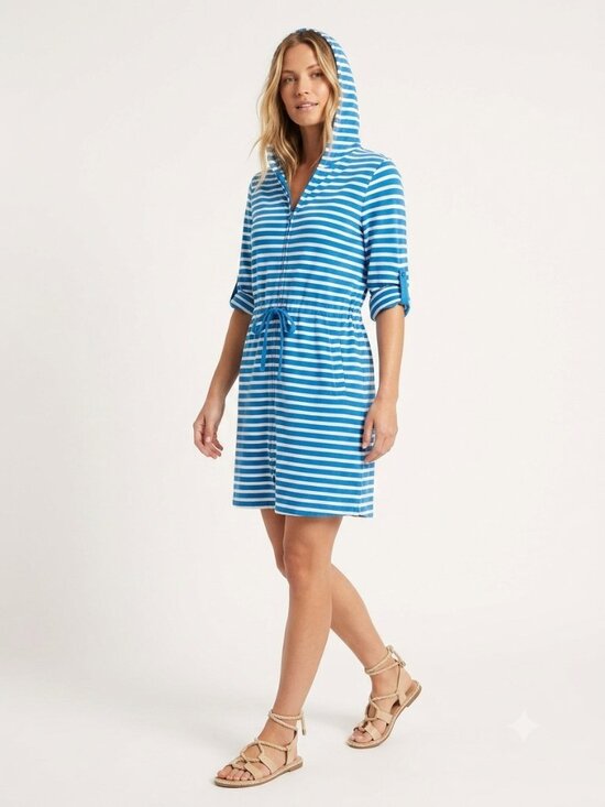 Lands' End Dresses & Skirts - Lands' End Dress Coverup Blue White Stripes Hooded Beach Summer Casual M